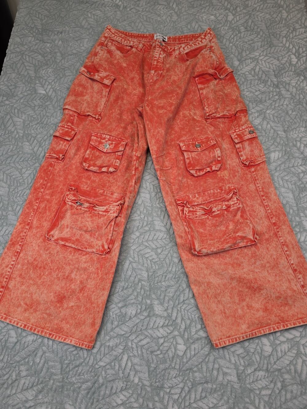 Fashion Nova Jeans Womens 16 Wide Leg Cargo Y2K Street Wear Orange Acid Washed